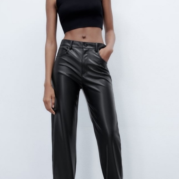 Zara pants leather faux  straight leg black womens high waisted 5 Pockets zip - Picture 2 of 16